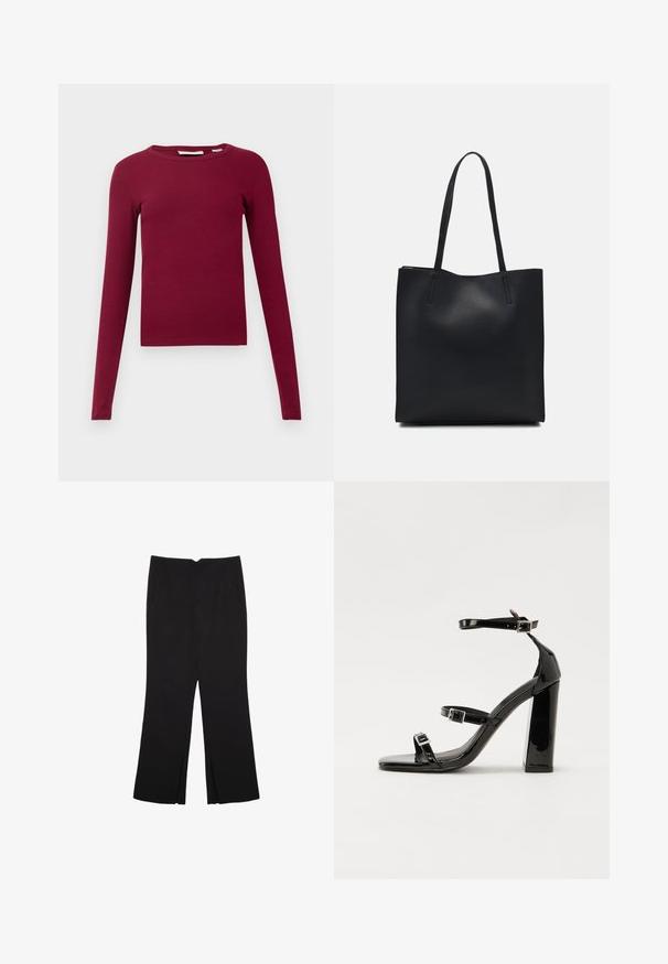 Långärmad, ribbad topp i djup burgundyröd färg. Har en rund halsringning och en figurnära design. Tillverkad av mjukt, stretchigt material.; Svarta byxor med rak passform, utrustade med framfickor och sidoklyvningar vid fållen. Tillverkade av mjukt, slätt tyg. Lämpliga för olika tillfällen.; Svarta lackerade klacksandaler med fyrkantig tå, ankelremmar och silverfärgade spännen. Har en kraftig blockklack för stabilitet.; Svart lädertoffelväska med slät textur, rektangulär form och två långa handtag. Ingen synlig hårdvara eller dekorationer.