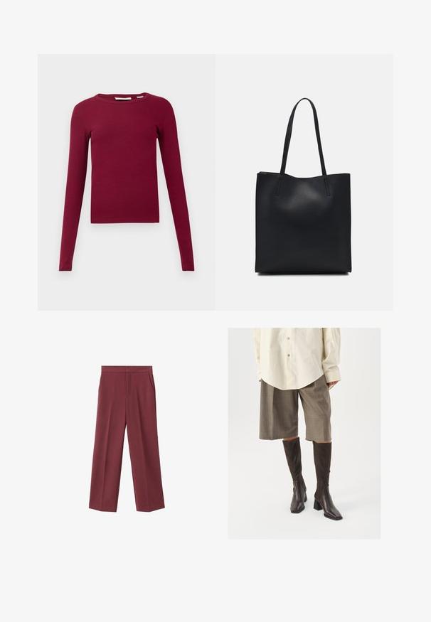 Langärmliges, geripptes Oberteil in dunklem Burgunderrot. Verfügt über einen runden Halsausschnitt und eine taillierte Passform. Hergestellt aus weichem, dehnbarem Material.; Weinrote Hose mit weitem Bein aus glattem Material, ausgestattet mit seitlichen Taschen und einem hohen Taillendesign. Mit einem klaren vorderen Bügel gefaltet.; Braune knöchelhohe Stiefel mit quadratischer Zehenpartie und Blockabsatz, kombiniert mit einem beigen Oversized-Hemd und braunen karierter Culotte.; Schwarze Laptoptasche aus Leder mit glatter Textur, rechteckiger Form und zwei langen Griffen. Keine sichtbaren Beschläge oder Verzierungen.