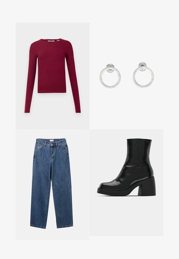 Długi rękaw, prążkowany top w głębokim burgundowym kolorze. Posiada okrągły dekolt i dopasowany krój. Wykonany z miękkiego, elastycznego materiału.; Klasyczne niebieskie dżinsy o prostym kroju, pięć kieszeni i zapięcie na guzik. Charakteryzują się średnim odcieniem i solidną teksturą.; Czarne botki za kostkę o błyszczącej wykończeniu, kwadratowym czubku i grubym słupkowym obcasie. Projekt charakteryzuje się bezszwową sylwetką i minimalną marką.; Srebrne metalowe kolczyki w kształcie obręczy z matową teksturą, z okrągłym wzorem i przezroczystym zapięciem typu post, zapewniającym bezpieczne noszenie.