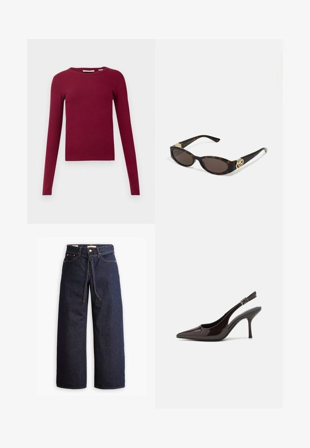 Pitkähihainen, ribattu paita syvän burgundin värissä. Ominaisuuksiin kuuluu pyöreä kaula-aukko ja tiukka muotoilu. Valmistettu pehmeästä ja joustavasta materiaalista.; Korkeavyötäröiset tummansiniset leveälahkeiset farkut, joissa on narunauhakuja, viisi taskua ja kontrastiväriset ompeluseikat.; Korkokenkät tummanruskeasta kiiltävästä patenttinnahasta, teräväkärkiset, avoimet sivut ja säädettävä nilkkaremmi.; Silmärilakkiset tortoiseshell-aurinkolasit, joissa on pitkänomaiset ovaalit linssit, ruskea sävy, kultaiset logo-koristeet temppeleissä ja sulavalinjaiset mustat varret.; Ruskea, kuviollinen käsilaukku, jossa on teksturoitu kangas, ruskea nahkahihna ja kultainen logo yksityiskohtana vaaleanbeigen taustan päällä. Kaareva, jämäkkä muoto.