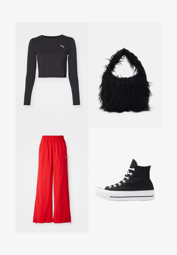 T-shirt cropped de manga longa preta, feita de tecido suave com decote redondo. Apresenta um pequeno logotipo branco na área do peito esquerdo.; Calças largas vermelhas feitas de material leve, apresentando uma cintura elástica, bolsos laterais e um detalhe de logo discreto na lateral.; Shoe de lona preta de cano alto com ilhós, atacadores e sola de borracha brancos. Apresenta um bico texturizado e detalhes em riscas preta e branca.; Even&Odd Saco de mão - black