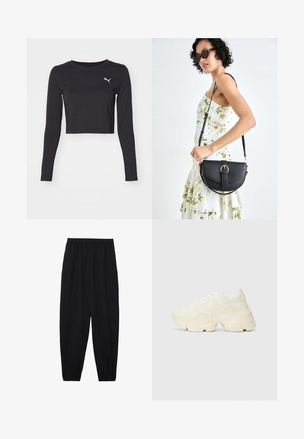 Juoda ilga rankovė trumpa T-marškiniai, pagaminti iš lygaus audinio, su apvalia iškirpte. Yra mažas baltas logotipas kairėje krūtinės pusėje.; Juodi, lengvi kelnių su elastinga juosmens juosta ir surinktais kulkšniais. Audinys yra lygus ir turi atsipalaidavusį, siaurėjantį dizainą.; Masyvios baltos sportbačiai, pagaminti iš tekstūruoto tinklelio ir sintetinių medžiagų, pasižymintys storu padu ir išsamiu raštų detalizavimu šonuose.; Juodas odinis krepšys su išlenkta forma, nuimamu dirželiu ir auksiniais detalėmis. Krepšys turi kilpą su sagtimi.