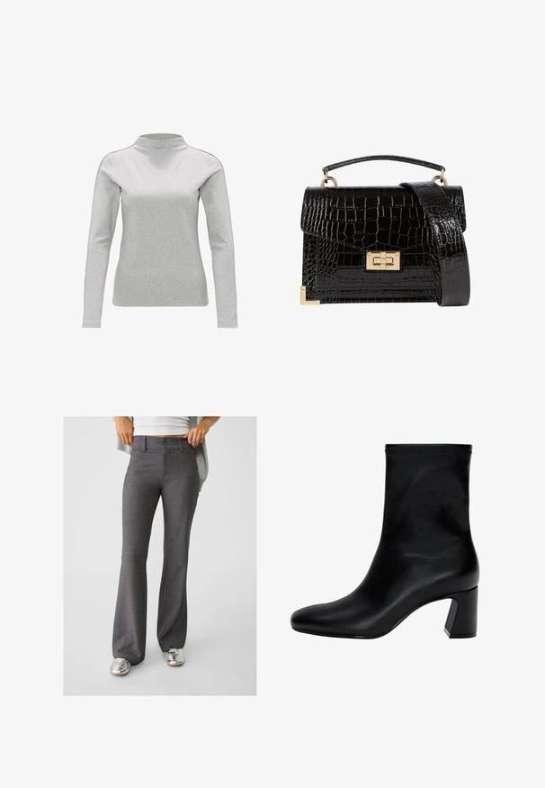 Long-sleeve, light grey turtleneck top in soft cotton blend, featuring a fitted design and smooth texture. No visible patterns.; Gray flared trousers made of textured fabric, featuring a two-button closure and belt loops, paired with shiny silver sneakers.; Black ankle boot made of smooth leather. Features a square toe, elasticated top, and a chunky heel for stability. Minimalist design.; Black patent leather handbag with a crocodile texture, gold hardware, a top handle, and a detachable shoulder strap. Rectangular shape with a flap closure.