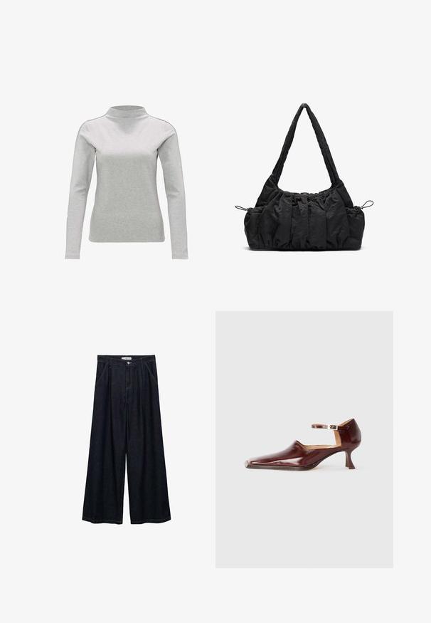 Langärmliges, hellgraues Rollkragenoberteil aus weichem Baumwollmix, mit körpernaher Passform und glatter Textur. Keine sichtbaren Muster.; Dunkelblaue, weite High-Waist-Hosen aus Denim mit einem Knopfverschluss vorne, zwei Seitentaschen und Nähdetails.; Burgunderfarbenes Lackleder-Schuhwerk mit einer spitzen Zehe, Knöchelriemen und einem 5 cm hohen, konisch zulaufenden Absatz. Glatte Textur und minimalistisches Design.; Schwarze Stoffhandtasche mit geraffter Textur, zwei Schulterträgern und Kordelzugverschluss an den Seiten. Glattes, leichtes Material.