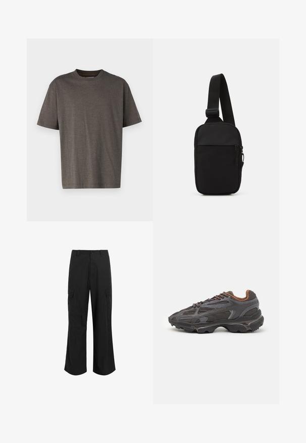 Tumehall värvitoondega lühikeste varrukatega T-särk, millel on tekstuuriga soonikkoes disain. Ümmargune kaelus ja lõdvem istuvus, valmistatud pehmest puuvillast materjalist.; Mustad mustad püksid kergest kangast, millel on lõdva istuvuse, kaks suurt küljetaskut ja nup closure.; Tumed hallid Lacoste tossud, mis on valmistatud võrkkangast ja sünteetilisest materjalist, omavad tekstureeritud talla ning pruune aktsente kaeluse ja brändingu juures.; Mustmust crossbody kott mustekangast, millel on üks reguleeritav rihm, lukuga põhiosas ja eesmine tasku.