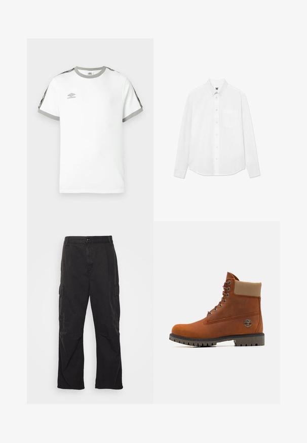 Balta trumpa rankovėmis marškinėliai su pilku apykakle ir rankogaliais, juodais ir pilkais dryžiais ant rankovių bei Umbro logotipu ant krūtinės.; Balta ilgomis rankovėmis marškiniai su apykakle, priekinė kišenė ir subtili tekstūra. Priekinis užsegimas su mygtukais ir nedidele logotipo detale.; Juodi cargo džinsai su tiesiomis kojomis, su dviem šoninėmis kišenėmis, mygtuko uždarymu ir tekstūruotu audiniu.; Timberland Suvarstomi aulinukai - medium orange