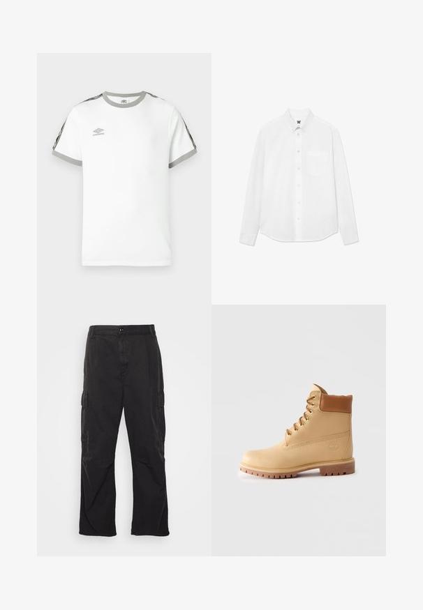 Balts īsām piedurknēm T-krekls ar pelēku apkakli un aprocēm, melnbaltiem svītrām uz piedurknēm un Umbro logo uz krūšu.; Balta garām piedurknēm pogājama krekla ar apkakli, priekšējo kabatu un smalku tekstūru. Priekšējā pogu plāksne satur pogas un nelielu logotipa detaļu.; Melni kargo bikses ar taisna kāju dizainu, kurām ir divas sānu kabatas, pogu aizdare un teksturēta auduma virsma.; Gai brūns ādas potītes zābaks ar mīkstu apkakli, zeltainiem caurumiņiem, bēšām auklām un biezām zoleņām uz vienkārša gaiša fona.