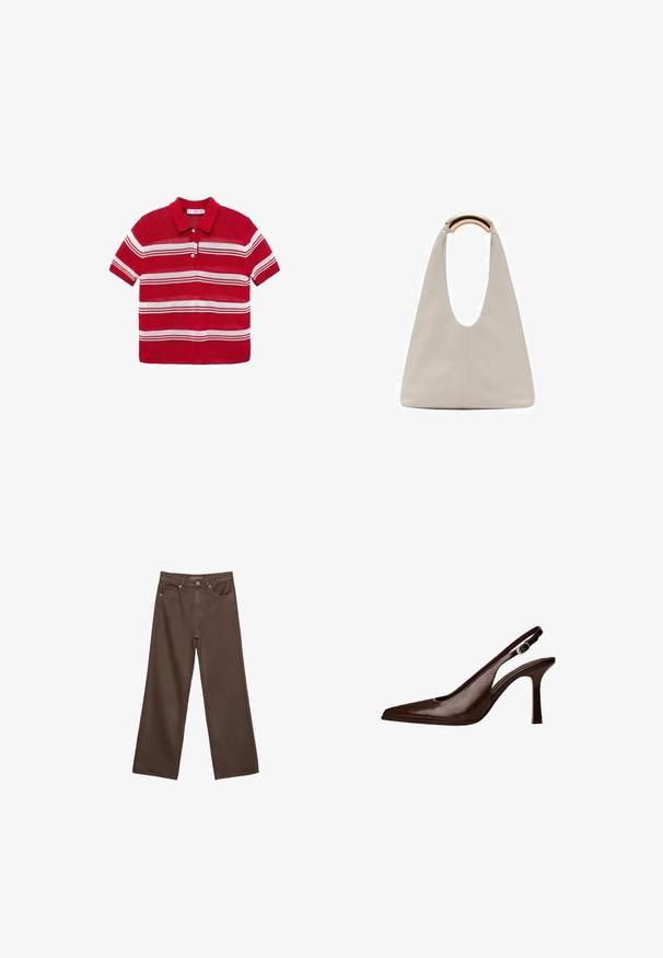 Crvena polo majica kratkih rukava s bijelim horizontalnim prugama i tri bijela gumba sprijeda.; Proširene smeđe traperice od denima, s visokim strukom, prednjim džepovima i klasičnom kopčom na dugme. Glatka tekstura s suptilnim šavovima.; Smešani kožni slingback cipele s uskim nosom i tankom petom. Ima malu dekorativnu kopču na remenu i sjajnu završnicu.; Svijetlosivi kožni torba s oblikom u slovo U i zakrivljenim metalnim drškom. Glatka tekstura s minimalnim šavovima i bez vidljivih uzoraka.