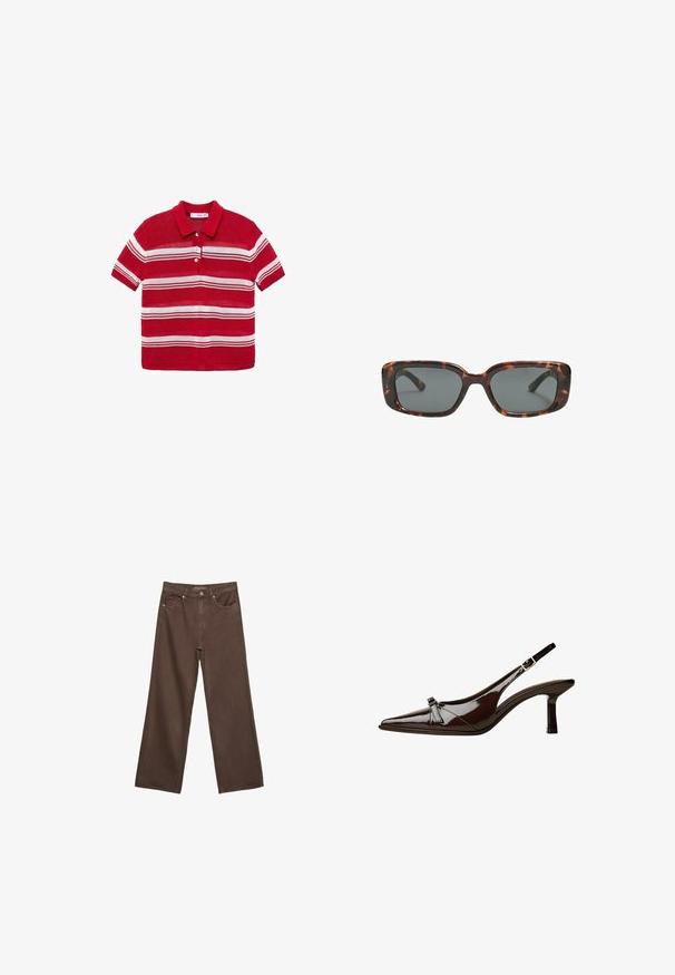 Polo shirt rouge à manches courtes avec des rayures horizontales blanches et trois boutons blancs sur le devant.; Jean brown à jambes larges en denim, doté d'une taille haute, de poches avant et d'une fermeture à bouton classique. Texture lisse avec des coutures subtiles.; Chaussure slingback en cuir verni marron avec un bout pointu, un petit talon et un accent de nœud décoratif à l'avant. Texture lisse et brillante.; Lunettes de soleil en écaille de tortue avec des verres rectangulaires, monture épaisse et verres teintés foncés. Texture lisse et design minimaliste.