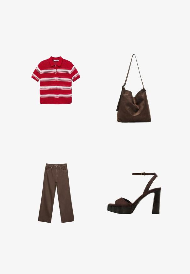 Polo shirt rouge à manches courtes avec des rayures horizontales blanches et trois boutons blancs sur le devant.; Jean brown à jambes larges en denim, doté d'une taille haute, de poches avant et d'une fermeture à bouton classique. Texture lisse avec des coutures subtiles.; Sandale à talons hauts en suede marron avec un bout ouvert, une bride de cheville réglable et une semelle de plateforme rayée.; Sac hobo en suède marron avec un haut courbé, une longue bandoulière avec des accents de points, et une texture douce. Présente un design décontracté pour une utilisation informelle.