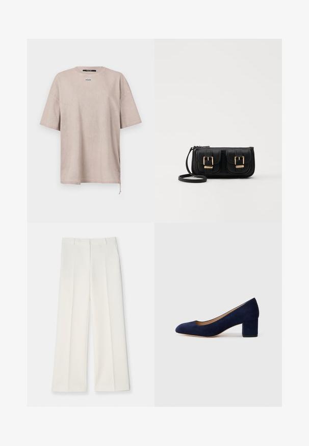 Camiseta de gran tamaño y manga corta en algodón color beige claro. Presenta un escote redondo y una pequeña etiqueta de la marca en el pecho. Detalle de cordón en el dobladillo.; Pantalones de pierna ancha en tejido color crema claro, con una textura suave, pliegues frontales y dos bolsillos laterales. Diseño de cinturilla ajustada.; Zapato de tacón de ante azul marino con punta afilada y tacón bloque de altura media. Textura suave con un ligero brillo y un pequeño corte en la parte delantera.; Bolso cruzado de cuero negro con dos bolsillos frontales, hebillas doradas, cierre de cremallera y una correa delgada. Superficie texturizada y forma rectangular compacta.