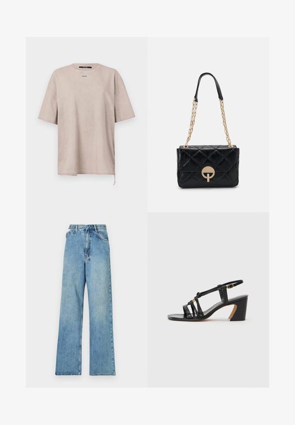 Camiseta de gran tamaño y manga corta en algodón color beige claro. Presenta un escote redondo y una pequeña etiqueta de la marca en el pecho. Detalle de cordón en el dobladillo.; Jeans de mezclilla de color azul claro, de pierna ancha, con una cintura de altura media, cinco bolsillos y un cierre de botón con herrajes metálicos y un acabado desgastado.; Paul Smith AMIRA - Tacones - black; Bolso de mano de piel negra acolchada con una correa de cadena dorada, que presenta un detalle de cierre circular. Forma rectangular compacta con una textura suave.