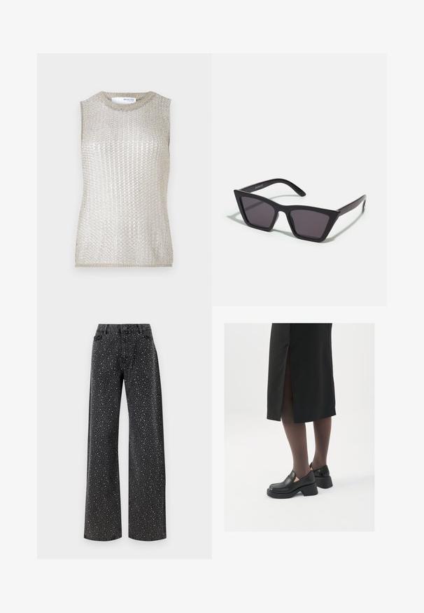 Bezrukávový top z kovového strieborného úpletu. Má rebrovanú textúru a okrúhly výstrih. Jednoduchý, priliehavý strih bez dodatočných akcentov.; Noisy May NMJANNEL LOOSE - Džínsy voľného strihu - black denim; Čierne kožené topánky s okrúhlou špičkou, silným blokovým opätkom a elastickými bočnými akcentmi, skombinované s tmavými pančuchami a čiernou sukňou so štiepením.; Čierne, ostré slnečné okuliare so sivými sklami; vyrobené z plastu, majú hrubé ramená s hladkým povrchom a bez viditeľnej mechaniky.; Strieborné kruhové náušnice s minimalistickým dizajnom. Cirkulárny tvar, hladký povrch a tenký profil. Ľahké s lesklým povrchom.