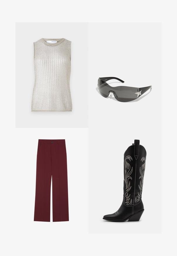 Bezrukavna majica od metalik srebrnog pletenog materijala. Ima rebrastu teksturu i okrugli izrez. Jednostavan, uski kroj bez dodatnih detalja.; Bordo hlače s širokim nogavicama, koje imaju cop u struku, dva bočna džepa i naborani prednji detalj. Glatka tekstura tkanine.; Crne kožne kauboj čizme s šiljastim prstima, klinastim potpeticama i srebrnim izvezenim cvjetnim uzorcima duž osovine. Kontrastni šavovi posvuda.; Crne sunčane naočale s dizajnom koji se obavija oko glave, tamno obojeni leće, sjajni akcenti u obliku zvijezda i podesive nosače.