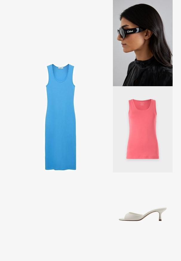 Roze tanktop van zachte, rekbare stof. Heeft een ronde halslijn en een mouwloos ontwerp, met netjes afgewerkte randen en een slim fit.; Blauwe tankjurk van soepel, rekbaar materiaal, met een ronde halslijn en een aansluitende, enkellange snit. Geen zichtbare patronen of hardware.; Witte open-toed hoge hakken met een gladde afwerking, minimalistisch ontwerp en een slanke hak, met een subtiele bruine accent op de zool.; Zwarte zonnebril met ronde glazen en gedurfde, hoekige monturen met het merk "Chloé" in het wit aan de zijkant. Glad, glanzend afwerking.; Ronde roestvrijstalen horloge met een zilver- en gouden metalen schakelarmband. Witte wijzerplaat met gouden accenten en een met kristallen bezette lunette.