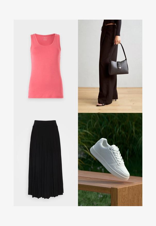 Rosa Tanktop aus weichem, dehnbarem Stoff. Mit rundem Ausschnitt und ärmellosem Design, sauberen Abschlüssen und slim fit.; Schwarzer plissierter Rock mit breitem, dehnbarem Bund. Gefertigt aus weichem Stoff, mit vertikalen Falten für eine fließende Silhouette.; Weiße Sneaker mit einem glatten, synthetischen Obermaterial, perforierter Zehenbox, flachen Schnürsenkeln und einer strukturierten Sohle, präsentiert auf einer Holzoberfläche.; Schwarze Handtasche mit strukturierter Form, glatter Textur und einem metallischen Verschluss. Kombiniert mit weiten schwarzen Hosen und offenen Sandalen auf einem Holzboden.