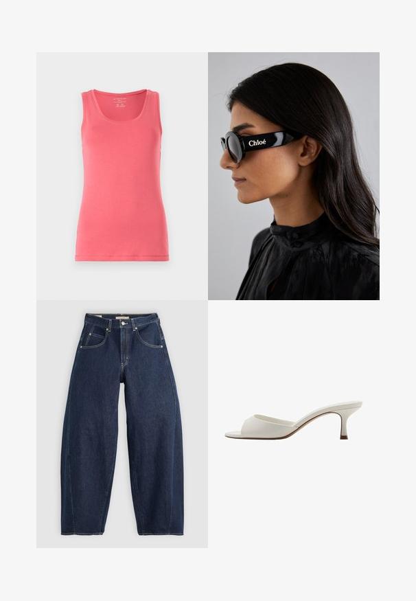 Pink tank top made of soft, stretchy fabric. Features a round neckline and sleeveless design, with neatly finished edges and a slim fit.; Dark blue denim jeans with a loose fit, light stitching, five pockets, and a button closure at the waistband.; White open-toed high-heeled mules with a smooth finish, minimalist design, and a slender heel, featuring a subtle brown accent on the sole.; Black sunglasses with round lenses and bold, angular frames featuring the brand "Chloé" in white on the side. Smooth, glossy finish.; Green leather handbag with a smooth texture, curved shape, and braided handle. Features a zip closure and an adjustable strap.