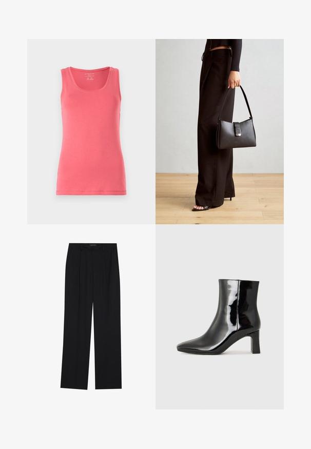 Rožinė tankų viršus pagamintas iš švelnaus, tampraus audinio. Turi apvalų apykaklę ir be rankovių dizainą, su tvarkingai supjaustytais kraštais ir siauru siluetu.; Juodos kelnes su tiesiomis sijonais, turinčios dvi priekinės kišenės ir juosmenį. Pagamintos iš lygios, lengvos medžiagos.; Juodos lakuotos odinės aulinukės su smailiu pirštu ir vidutinio aukščio blokuotu kulnu. Lygus paviršius ir minimalistinis dizainas.; Juodas rankinė struktūrizuota forma, lygi tekstūra ir metalinis užsegimas. Suporuota su plačiomis juodomis kelnėmis ir atvirais bateliais ant medinių grindų.