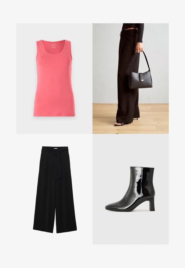 Vaaleanpunainen tanktoppi, joka on valmistettu pehmeästä ja venyvästä kankaasta. Ominaisuuksiin kuuluvat pyöreä kaula-aukko ja hihaton malli, siististi viimeistellyt reunat ja kapea malli.; Mustat leveät housut, joissa on teksturoitu kangas, joustava vyötärö ja irrotettava nauha vyötäröllä säädettävää istuvuutta varten.; Musta patenttilakattu nilkkuri, jossa on terävä kärki ja keskipitkä lohkarekorko. Silkkinen pinta ja minimalistinen muotoilu.; Musta käsilaukku, jossa on rakenteellinen muoto, sileä pinta ja metallinen solki. Yhdistetty leveisiin mustiin housuihin ja avonaiheisiin sandaaleihin puulattialla.