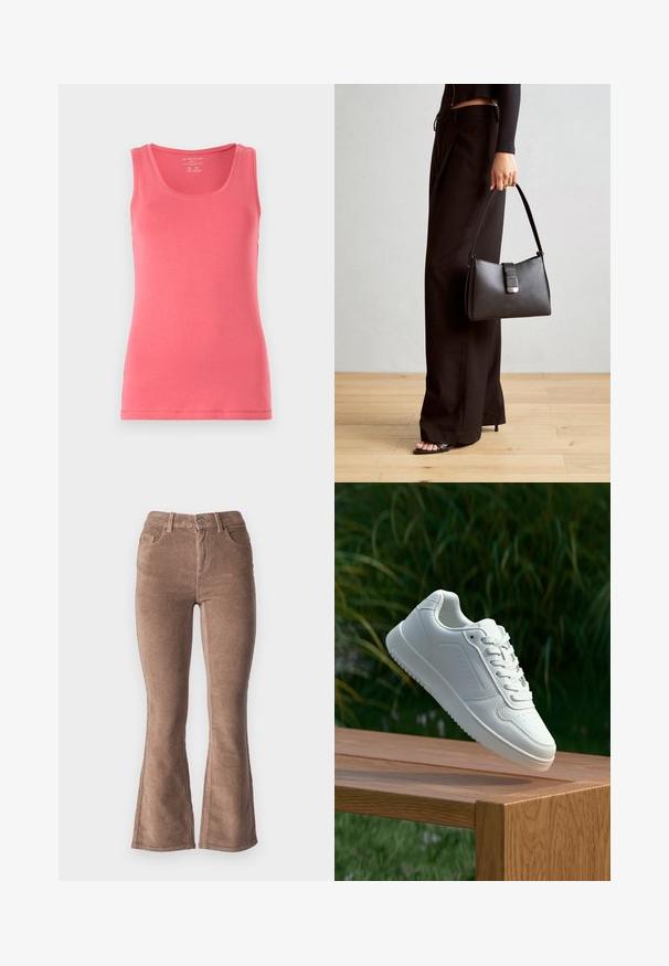 Rosa Tanktop aus weichem, dehnbarem Stoff. Mit rundem Ausschnitt und ärmellosem Design, sauberen Abschlüssen und slim fit.; Braune Corduroy Schlaghose mit gerippter Textur, hohe Taille, fünf Taschen und Knopfverschluss vorne.; Weiße Sneaker mit einem glatten, synthetischen Obermaterial, perforierter Zehenbox, flachen Schnürsenkeln und einer strukturierten Sohle, präsentiert auf einer Holzoberfläche.; Schwarze Handtasche mit strukturierter Form, glatter Textur und einem metallischen Verschluss. Kombiniert mit weiten schwarzen Hosen und offenen Sandalen auf einem Holzboden.
