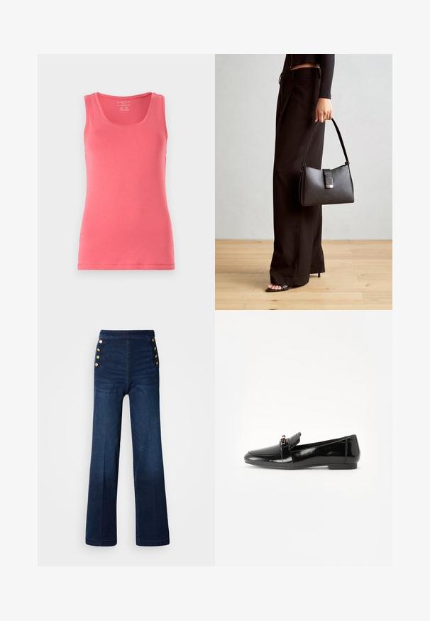 Lyserød tanktop lavet af blød, strækbart stof. Har en rund halsudskæring og er ærmeløs, med pænt afsluttede kanter og et tætsiddende snit.; Mørkeblå denim wide-leg bukser med høj talje, guldknapdetaljer på siderne og en glat tekstur med subtil fading.; Sort laklæder loafers med flad sål, rund tå og en dekorativ rem med en guld-tonet accent. Glat, blank finish.; Sort håndtaske med struktureret form, glat overflade og metalspænde. Sammen med brede sorte bukser og sandaler med åben tå på trægulv.