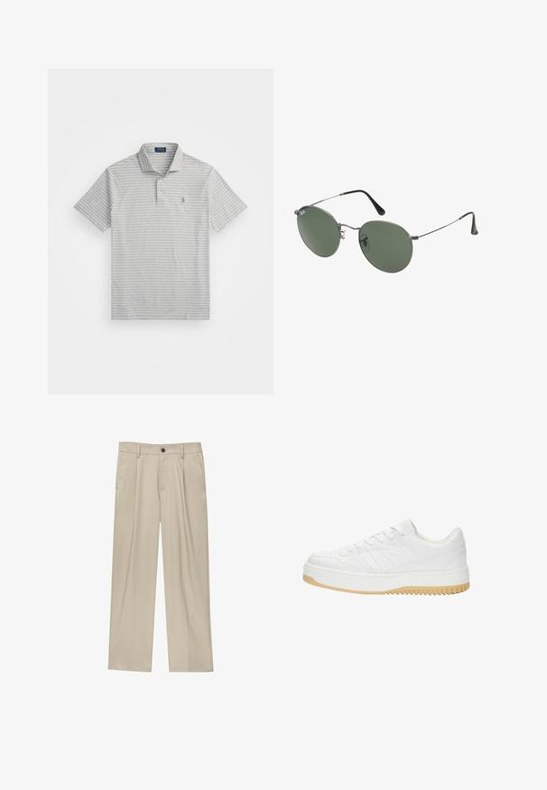 Sivá polo košeľa s tenkými bielymi pruhmi, krátkymi rukávmi, trojihlým zapínaním a malým logom na ľavej hrudi. Vyrobená z jemnej bavlnenej látky.; Béžové nohavice s rovný strihom, s jedným čiernym gombíkom, pútkami na opasok a bočnými vreckami. Hladká textúra látky a minimálny dizajn.; Biele kožené tenisky s textúrovaným povrchom, s gumovou podrážkou, šnurovacími detailami a subtilnými pruhmi na stranách.; Sunglass s metalovým rámom s oválnymi zelenými šošovkami. Tenký strieborný kovový rám a čierne štuple za uši. Minimalistický dizajn, bez viditeľných log.
