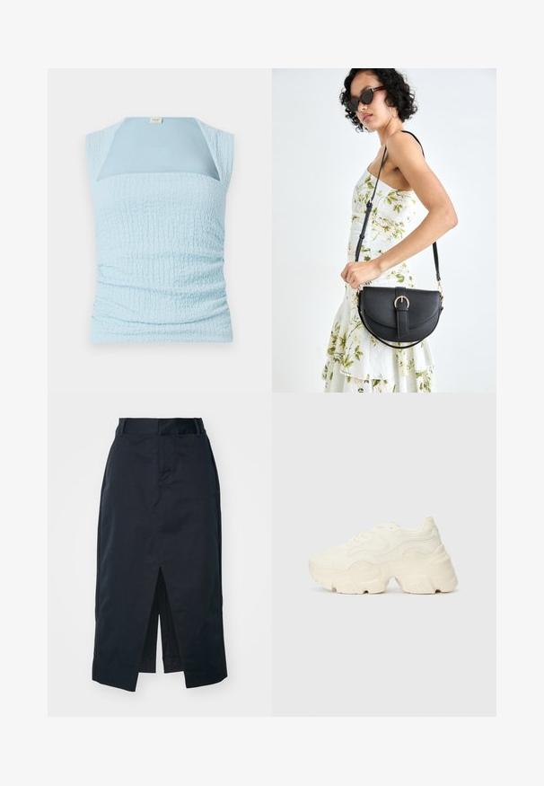 Svijetloplavi top bez rukava s teksturiranim, nabranim dizajnom i kontrastnim glatkim panelom na izrezu.; Temno modra midi krila iz mešanice bombaža, z značilnim sprednjim razporkom, zadrgo, skrito na strani, in stranskimi žepi za funkcionalnost.; Debele bele športne copate, izdelane iz teksturirane mrežaste in sintetične materialov, z debelim podplatom in zapletenimi vzorčičnimi detajli ob straneh.; Črna usnjena torbica s ukrivljeno obliko, z odstranljivo naramnico in zlatimi dodatki. Torbica ima pokrov s podrobnostmi v obliki zaponke.