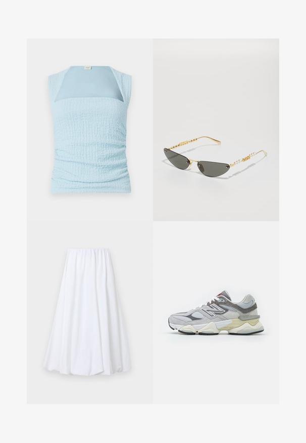 Top fără mâneci de culoare albastru deschis, cu un design texturat și strâns, și un panou neted contrastant la decolteu.; Fustă albă lungă până la gleznă, cu un elastic la talie, realizată dintr-un material ușor, cu o textură netedă și o siluetă fluidă.; Sneaker din suede gri și plasă, cu o talpă groasă albă și bej, având un logo alb proeminent și detalii accent roșii.; Ochelari de soare cu ramă aurie și lentile de un gri închis. Formă unică, tip cat-eye. Temele sunt decorate cu mărgele aurii alternative și accente de perlă.