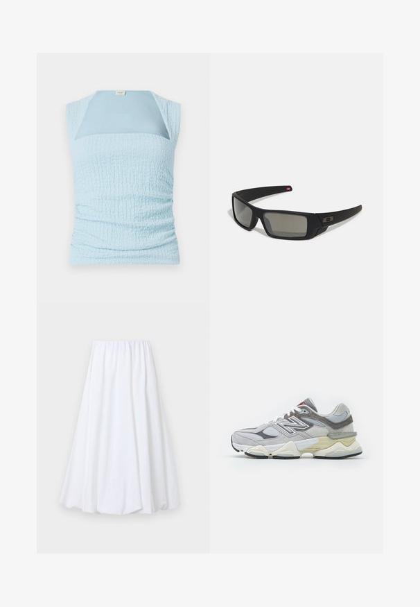 Helles blaues, ärmelloses Oberteil mit einem texturierten, gerafften Design und einem kontrastierenden glatten Einsatz am Ausschnitt.; Weiße knöchellange Rock mit einem elastischen Bund, gefertigt aus leichtem Stoff mit glatter Textur und fließender Silhouette.; Graue Wildleder- und Mesh-Sneaker mit einer dicken weißen und beigen Sohle, ausgestattet mit einem auffälligen weißen Logo und roten Akzentdetails.; Schwarze Sonnenbrille mit matter Oberfläche, rechteckigen Gläsern, leichtem Bogen an den Schläfen, dezentem Logo-Detail und rauchgetönten Gläsern.