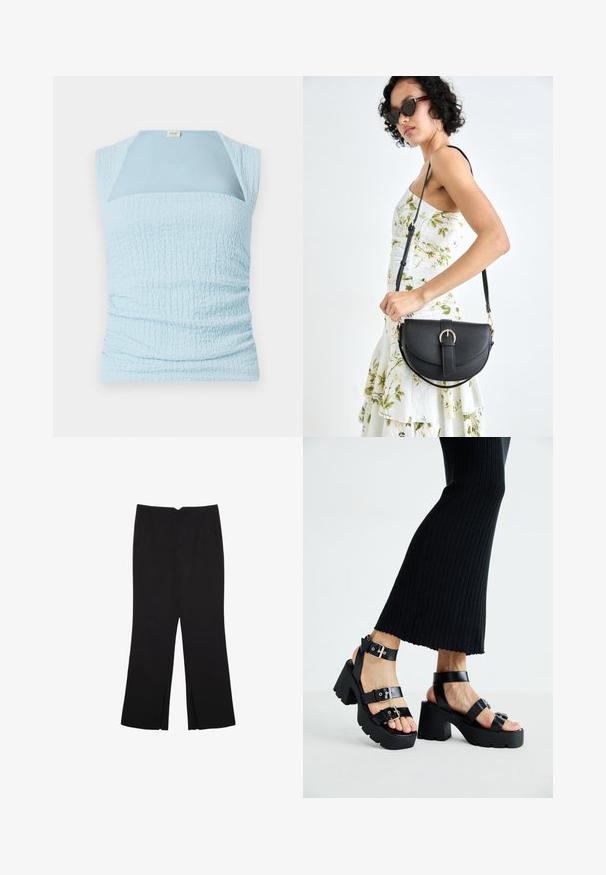 Light blue sleeveless top featuring a textured, gathered design and a contrasting smooth panel at the neckline.; Black trousers with a straight fit, featuring front pockets and side slits at the hem. Made of soft, smooth fabric. Suitable for various occasions.; Black platform sandals with chunky, lug soles and multiple straps, featuring metal buckles and a smooth leather-like texture.; Black leather handbag with a curved shape, detachable strap, and gold hardware. The bag features a flap with a buckle detail.