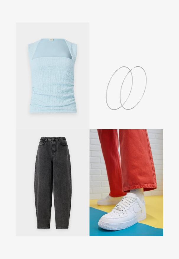 Light blue sleeveless top featuring a textured, gathered design and a contrasting smooth panel at the neckline.; High-waisted black denim jeans with a relaxed fit, featuring traditional five-pocket design and a button fly. Textured, non-stretch fabric.; White leather sneaker with perforated toe box, textured sole, and white laces, paired with wide red pants and a blue and yellow background.; Silver hoop earrings with a minimalist design. Circular shape, smooth texture, and thin profile. Lightweight with a polished finish.