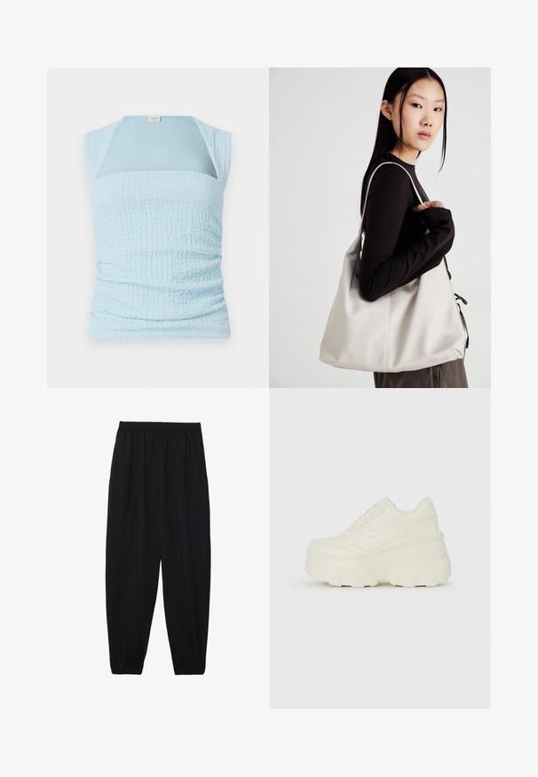 Haut sans manches bleu clair avec un design texturé froncé et un panneau lisse contrastant au niveau du col.; Pantalons noirs légers avec une taille élastique et des chevilles froncées. Le tissu est lisse et présente un design décontracté et fuselé.; Baskets plateformes blanches avec une tige en simili cuir lisse, une forme arrondie, un col rembourré et une semelle en caoutchouc texturé avec des crampons définis.; Sac à main beige en matériau souple, avec un design décontracté, des détails cousus et deux poignées. Idéal pour un usage quotidien.