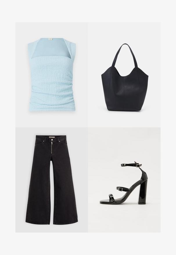 Helles blaues, ärmelloses Oberteil mit einem texturierten, gerafften Design und einem kontrastierenden glatten Einsatz am Ausschnitt.; Schwarze Denim-Jeans mit weitem Bein, Reißverschluss vorne, Fünf-Taschen-Design und dezenten Stickdetails. Glatte Textur und lässiger Stil.; Schwarze patentierte Sandalen mit Absatz, quadratischer Spitze, Knöchelriemen und silbernen Schnallen. Mit einem stabilen Blockabsatz für mehr Stabilität.; Schwarze Tote-Bag aus glattem Leder, mit einem abgerundeten, offenen Oberteil, zwei Schulterträgern und einem minimalistischen Design.