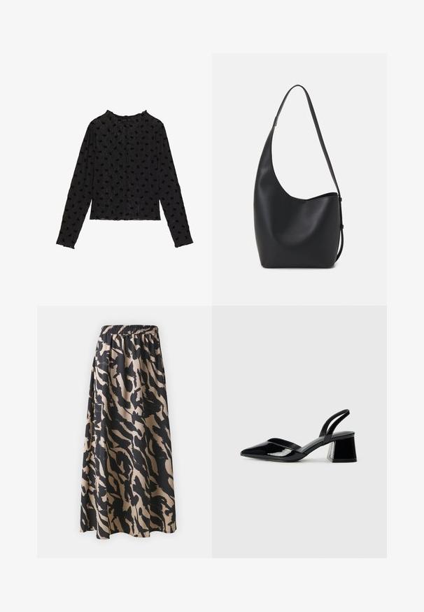 Čierny top s dlhým rukávom z textúrovaného materiálu, s vlnitým vzorom a vyvýšenými motívmi mašlí po celom povrchu. Okrúhly výstrih a priliehavý strih.; Čierna a béžová dlhá sukňa s elastickým pásom, s abstraktným zvieracím vzorom a splývavým strihom.; Čierne lakované kožené sandálové podpätky s špicatou špičkou a geometrickým blokovým podpätkom. Disponujú elegantným, minimalistickým dizajnom a hladkým povrchom.; Čierna kožená hobo taška so hladkou textúrou, zakriveným tvarom a jedným nastaviteľným popruhom; má široké otvorenie na vrchu.