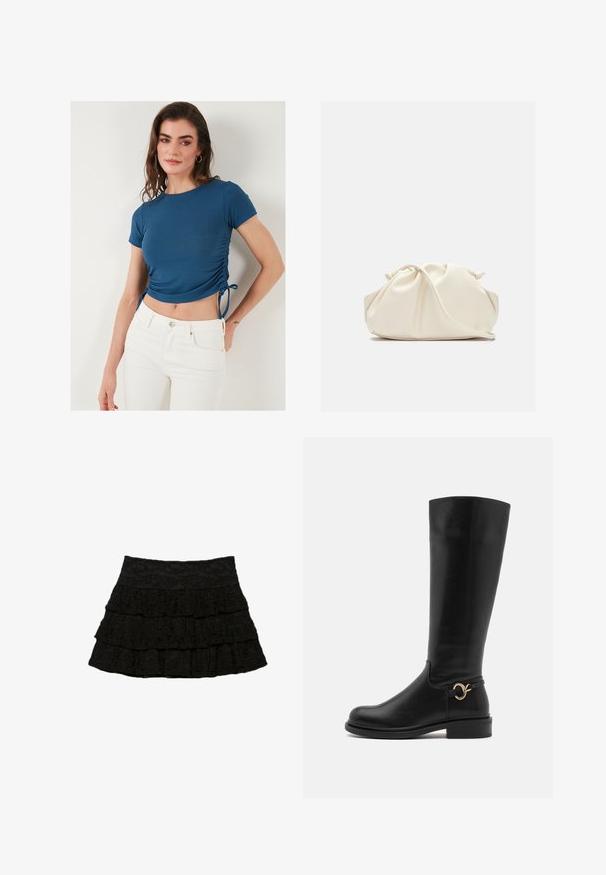 Modrý žebrovaný crop top s krátkými rukávy, s nastavitelním bočním nařasením a stahovacími uzlíky. V kombinaci s bílými džíny s vysokým pasem.; Černá sukně s podmínkami, která má tři vrstvy volánků s texturovaným květinovým vzorem. Elastický pas pro pohodlí a dobré padnutí.; Anna Field Wide Fit Vysoká obuv - black; Krémová, měkká taška z umělé kůže s nabráním, nastavitelným popruhem a nenápadným stahováním. Hladký povrch a zakulacený tvar.; Stříbrné visací náušnice s kulatými, odrazovými povrchy; minimalistický design s hladkým povrchem a jemným logem.