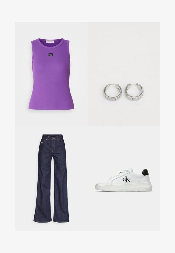 Ljubičasti bezrukavnik s rebrastom teksturom i okruglim izrezom. Sadrži malu crnu oznaku s logotipom na prednjoj strani. Glatka tkanina.; Tamno plave široke traperice s visokim strukom, izrađene od denim tkanine, s narančastim šavovima, pet džepovima i kopčanjem na dugme.; Bijeli niskotoperani tenisice s crnom petom, platformom, vezicama i "CK" logotipom Calvin Kleina sa strane.; Srebrne naušnice na obruče s teksturiranim dizajnom koji sadrži vertikalne rebra. Okrugli oblik s sigurnim zatvaranjem. Glatka završna obrada.