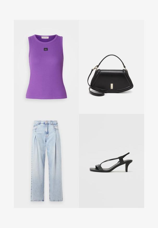 Lilla ermeløs topp med ribbet tekstur og rund hals. Har et lite svart logomerke foran. Glatt stofffinish.; Lyseblå denimjeans med høy livlinje, vide ben, to sidelommer og plisserte detaljer. Myk tekstur med en falmet finish.; Svarte hæl-sandaler med et slankt stroppedesign, firkantet tå og en mellomhøy blokkheel. Laget av glatt lær med en matt finish.; Sort lærveske med en strukturert design, som har en avkortet form, topphåndtak og detaljer i gull. Justerbar skulderstropp inkludert.