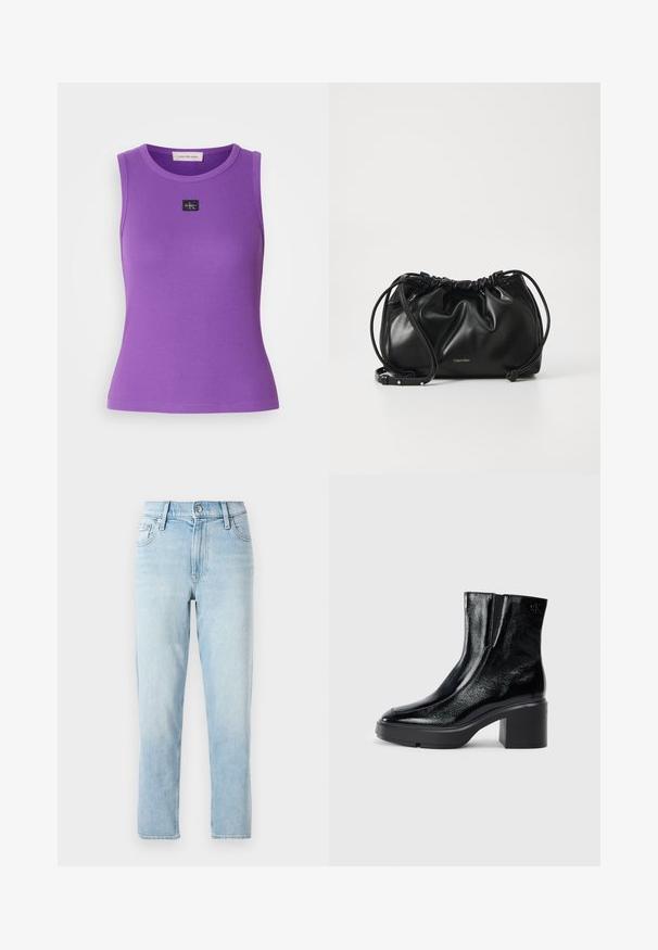 Paarse mouwloze top met geribbelde textuur en ronde halslijn. Heeft een klein zwart logo-label aan de voorkant. Gladde stofafwerking.; Lichtblauwe denim jeans, recht gesneden design, middelhoog taille, met vijf-vaks stijl en een knoopsluiting aan de voorkant.; Zwarte gepatenteerde leren enkellaarsjes met een gebogen neus, elastische zijpanelen en een chunky blokhak. Voorzien van een reliëflogo aan de achterkant.; Zwarte leren handtas met geplooid ontwerp, dubbele trekkoordsluiting en afneembare schouderband. Voorzien van metallic logo detail.