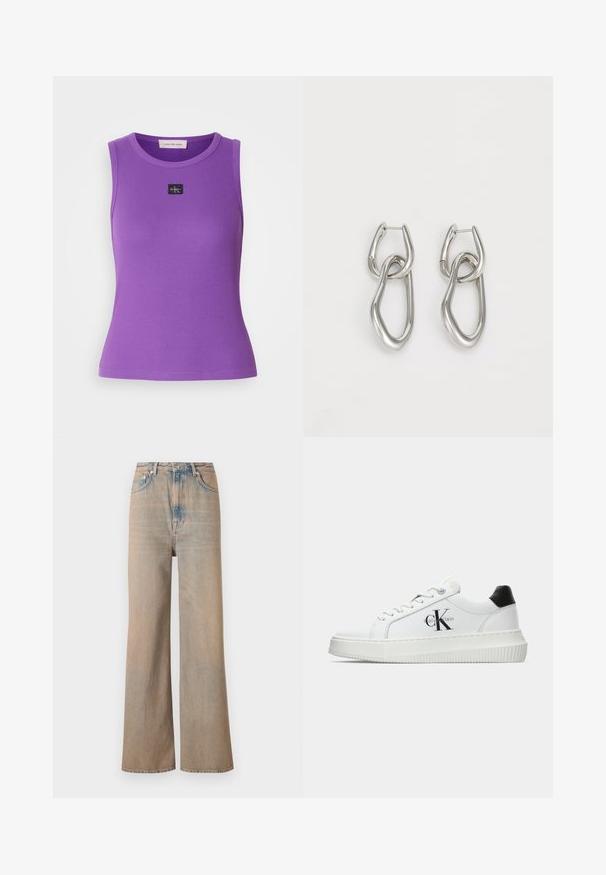 Lilla ermeløs topp med ribbet tekstur og rund hals. Har et lite svart logomerke foran. Glatt stofffinish.; Lysvaskede, vide ben jeans med høj talje, lavet af denim. Har diskret syninger og fem lommer, med en let falmet tekstur.; Hvite lavsko med svart hæltab, plattformsåle, snøringer og Calvin Klein "CK" logo på siden.; Calvin Klein STATEMENT LINKS - Øredobber - silver-coloured