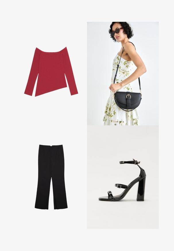 Červený top bez ramienok s dlhými rukávmi, rebrovanou textúrou a asymetrickým lemom, s hladkým povrchom a jemnými švami.; Čierne nohavice so strihom rovného strihu, s prednými vreckami a bočnými rozparkami na leme. Vyrobené z mäkkej, hladkej tkaniny. Vhodné na rôzne príležitosti.; Čierne lakované sandále na podpätku so štvorcovou špičkou, navlečenými remienkami okolo členku a striebornými prackami. Disponujú masívnym blokovým podpätkom pre stabilitu.; Čierna kožená kabelka s zaobleným tvarom, odnímateľným popruhom a zlatými doplnkami. Kabelka má klopu s detailom s prackou.