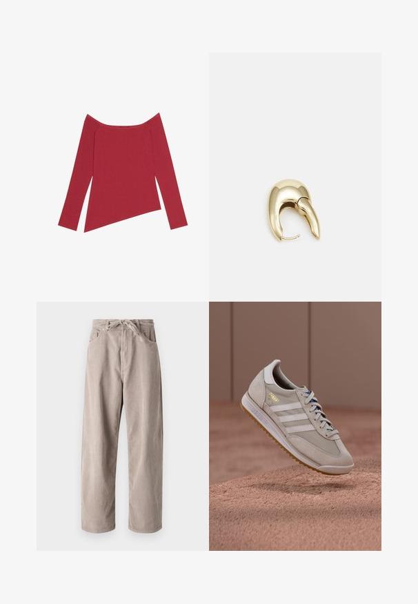Rød av skulderen topp med lange ermer, ribbet tekstur og asymmetrisk kant, med en glatt finish og subtile sømmer.; Beige kordfløyelsbukser med løs passform, med strikk i livet, to frontlommer og vertikal ribbet tekstur.; Beige joggesko med overdel i semsket skinn og mesh, hvite tre striper, såle i gummigummi, blå lisser og gullfarget logo. Klassisk retrodesign.; Gullfarget metalløredobber med et elegant, buet design. Har en karakteristisk spiss form, polert overflate og hengsel-lukking.