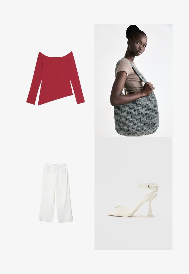 Punainen olkaimia vailla oleva paita, jossa on pitkät hihat, ribbineulepinta ja epäsymmetrinen helma, joka on sileä ja jossa on hillityt saumat.; Valkoiset leveälahkeiset housut pehmeästä kankaasta, jossa on kiristysnyöri vyötäröllä ja kaksi etutaskua. Sujuva rakenne ilman näkyviä kuvioita.; Valkoinen nahkainen strappisaapas, jossa on virtaviivainen muotoilu, läpinäkyvä lohko-osa ja koristeellinen elementti varpaassa.; Harmaa virkattu laukku, jossa on teksturoitu pinta ja leveä, litteä hihna, pidetty beigen yläosan vasten. Laukussa on tilava ja rakenteellinen muotoilu.