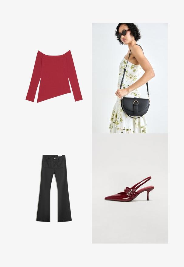 Piros, vállnélküli felső, hosszú ujjú, bordázott textúrával és aszimmetrikus szegéllyel, sima felülettel és diszkrét varrásokkal.; Fekete, sima textúrájú farmer flare nadrág, két hátsó zsebbel és gombos derékkal.; Piros lakkbőr slingback sarokcipő, hegyes orral, két csatoló pánttal és vékony, közepes magasságú stiletto sarokkal. Simább textúrájú.; Fekete bőrtáska ívelt formával, levehető pánttal és arany színű fémrészekkel. A táskán egy csattal díszített fedél található.