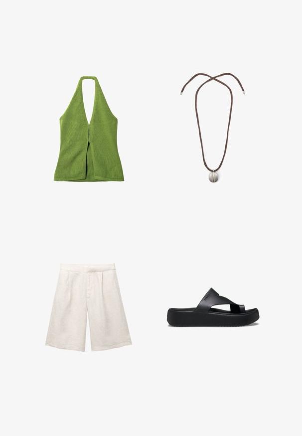 Grünes gestricktes Haltertop mit tiefem V-Ausschnitt und vorderer Schlitz, mit strukturiertem Finish und verstärkten Kanten.; Beige Leinenbermudas mit weitem Bein, versehen mit Vorderfalten und glattem Bund. Der Stoff hat eine leicht strukturierte Oberfläche.; Schwarze Plattform-Flip-Flops mit einer strukturierten Gummisohle, die ein Kreuzriemen-Design und eine matte Oberfläche aufweisen. Das Markenlogo ist dezent an der Seite angebracht.; Halskette mit einem braunen Band und einem silbernen ovalen Anhänger. Der Anhänger hat eine glatte Oberfläche und eine leichte Vertiefung in der Mitte.