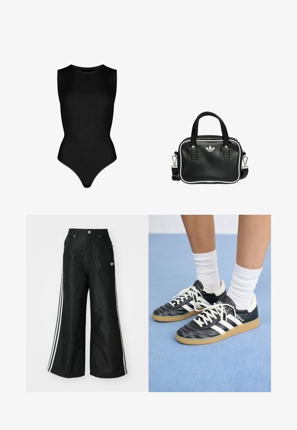 Zwarte mouwloze bodysuit van rekbaar materiaal, met een hoge halslijn en een strakke pasvorm met een stringonderkant. Geen patronen of hardware.; Zwarte denim broek met wijde pijpen, voorzien van drie witte strepen aan elke zijkant en een klein wit logo. Heeft voorzakken en een knoopsluiting.; Zwarte leren sneakers met witte strepen, ronde neus, witte veters en een gumrubberen zool. Versterkt met een gevoerd kraag en merkdetails.; Zwarte leren handtas met twee korte handvatten, zilverkleurige hardware, witte accenten en een wit logo. Heeft een gestructureerd oppervlak en een compact ontwerp.