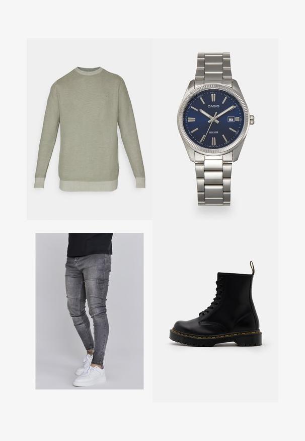 Vaaleanvihreä villapaita, jossa on teksturoitu neulekuvio, ribbaattu kaulus ja hihansuut sekä yksinkertainen helma. Sisältää minimaalista yksityiskohtaa hienovaraisella logolla.; Kapeat farkut haalistuneessa harmaassa denimmateriaalissa, joissa on kuluneet yksityiskohdat polvissa, yhdistettyinä valkoisiin lenkkareihin. Suora pinta, kapea leikkaus.; Mustat nahkaiset nilkkasaappaat, joissa on nauhaketjullinen etuosa, keltainen ympärystikkauksen, pyöreä varvas ja paksu, teksturoitu kumipohja.; Harmaa ruostumaton teräs rannekello, jossa on tummansininen kellotaulu, metalliset tuntimerkit ja päivämääränäyttö kello 3:ssa. Vesitiivis 50 metriin asti.