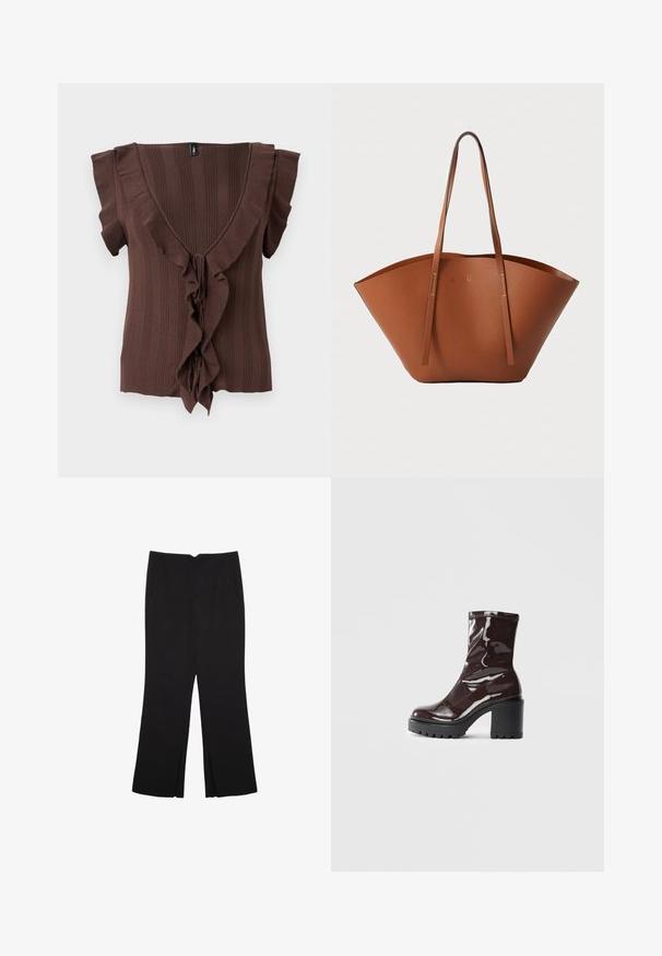 Brun strikket top med dyb V-hals, korte ærmer og en vertikal ribbet tekstur, accentueret med en volangkant ned foran.; Sorte bukser med lige pasform, der har frontlommer og slidser i kanten. Lavet af blødt, glat stof. Velegnet til forskellige anledninger.; Glatte burgunder ankelstøvler med en chunky sort hæl, der har en glat tekstur og et simpelt design. Ingen synlige lukninger eller mønstre.; Brun læder tote-taske med en bred, struktureret form, tynde håndtag og en tekstureret overflade. Har et minimalistisk design uden synligt hardware.