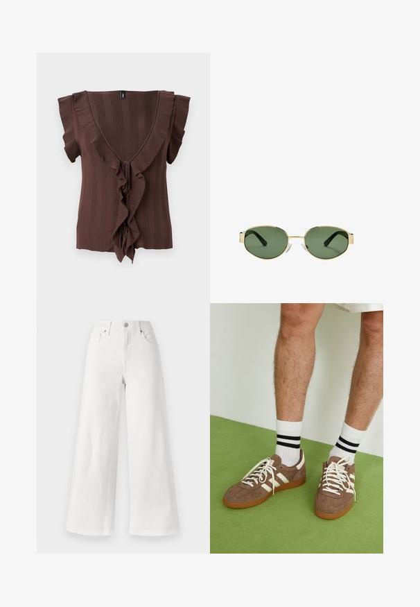 Top in maglia marrone con scollatura a V profonda, maniche corte e una texture con righe verticali, decorato con un bordo arricciato lungo la parte anteriore.; Jeans bianchi a gamba larga in denim, con vita alta, design a quattro tasche e orlo grezzo in fondo per una texture interessante.; Sneaker in suede marrone con dettagli e lacci bianchi. Suola in gomma color gomma. Indossati con calzini bianchi con righe nere. Pavimento verde texturizzato.; Occhiali da sole con montatura dorata e lenti verdi, forma ovale, stanghette nere e naselli trasparenti. Design pulito e minimalista.