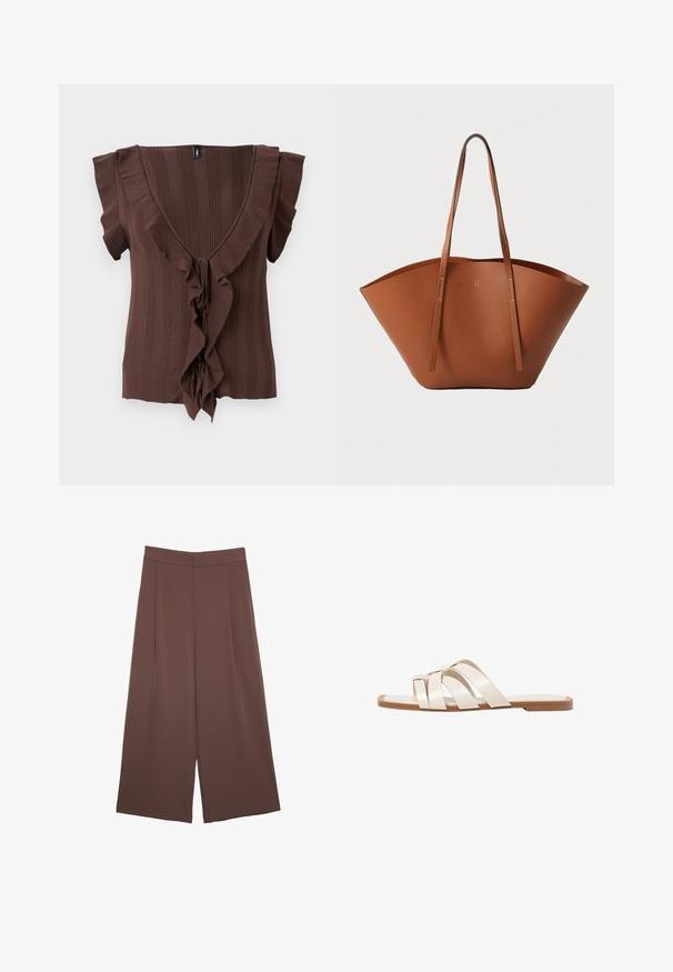 Hnedý pletený top s hlbokým výstrihom do V, krátkymi rukávmi a vertikálnou rebrovanou textúrou, doplnený volánikovým lemovaním pozdĺž prednej strany.; Hnedé nohavice so širokými nohavicami a hladkou textúrou, s vysokým pásom a prednými skladmi. Tkanina je ľahká a voľne sa pohybuje.; Ploché sandále s hnedou gumovou podrážkou, navrhnuté s tromi prekrývajúcimi sa bielymi koženými popruhmi a malou mašličkou uprostred.; Hnedá kožená taška na rameno s širokým, štruktúrovaným tvarom, tenkými popruhmi a textúrovaným povrchom. Displej minimalistického dizajnu bez viditeľného hardvéru.