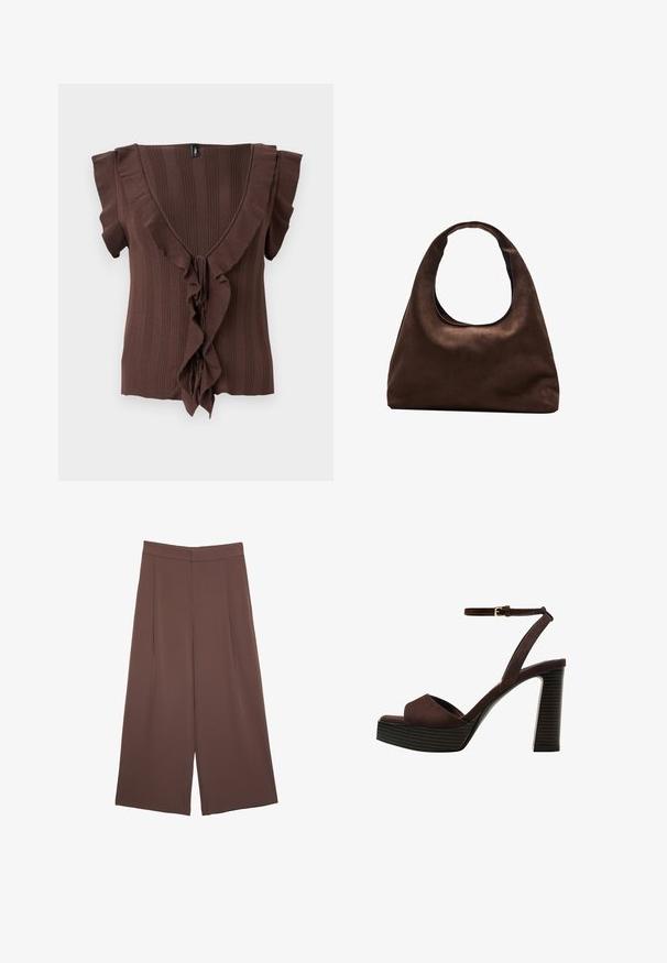 Bruine gebreide top met een diepe V-hals, korte mouwen en een verticale ribbelstructuur, verfraaid met een ruchesafwerking langs de voorkant.; Bruine wijde broek met een gladde textuur, voorzien van een hoge taille en plooien aan de voorkant. De stof is lichtgewicht en valt losjes.; Bruine suède high-heeled sandaal met een open teen, verstelbare enkelband en een gestreepte plateauzool.; Zachte bruine hobo-stijl handtas met een enkele brede schouderband en een gebogen opening aan de bovenkant, weergegeven op een witte achtergrond.